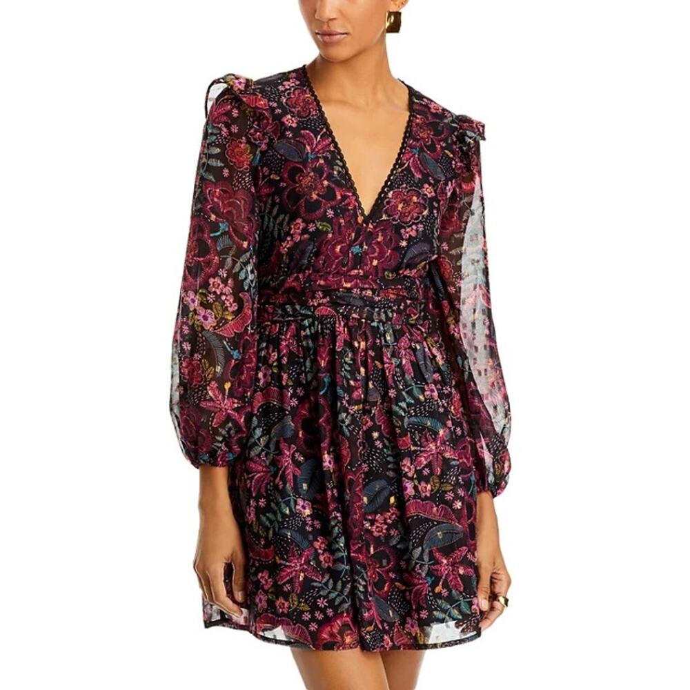 Aqua Floral Mini Dress Metallic Long Sleeve V-Neck‎ Ruffle XS Black Pink Exc